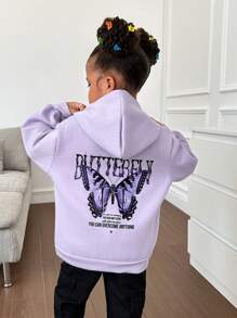 SHEIN Young Girl Slogan & Butterfly Print Drop Shoulder Sweatshirt - Lilac Purple - View 6