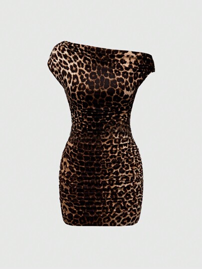 Grunge Punk Y2K Gyaru Leopard Print Sexy Asymmetrical Neck Bodycon Mini Dress