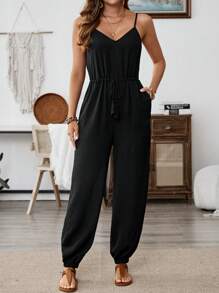 EMERY ROSE Mono informal de mujer con bolsillo, cinturón con flecos y unicolor - Negro - Ver 5