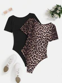Zolique Women Leopard Print + Solid Color 2pcs/Set Short Sleeve Bodysuit - Black - View 2