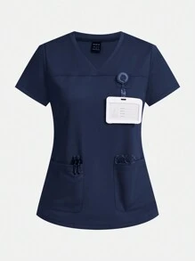 TaskEZ 3 件装女士医用上衣 - 心形 V 领医用上衣，纯色 V 领短袖带口袋医护制服上衣 - 彩色 - 查看 5