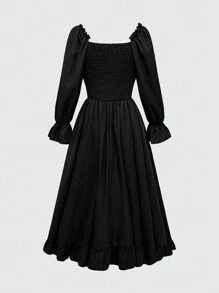 ROMWE Goth Robe longue de unicolore avec col à volants, taille à lacets et manches à volants