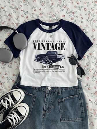 Attitoon Casual Minimalist VINTAGE Retro Car Print Crew Neck Short Sleeve Cropped Fitted T-Shirt For Women, Ideal For Summer Back To School