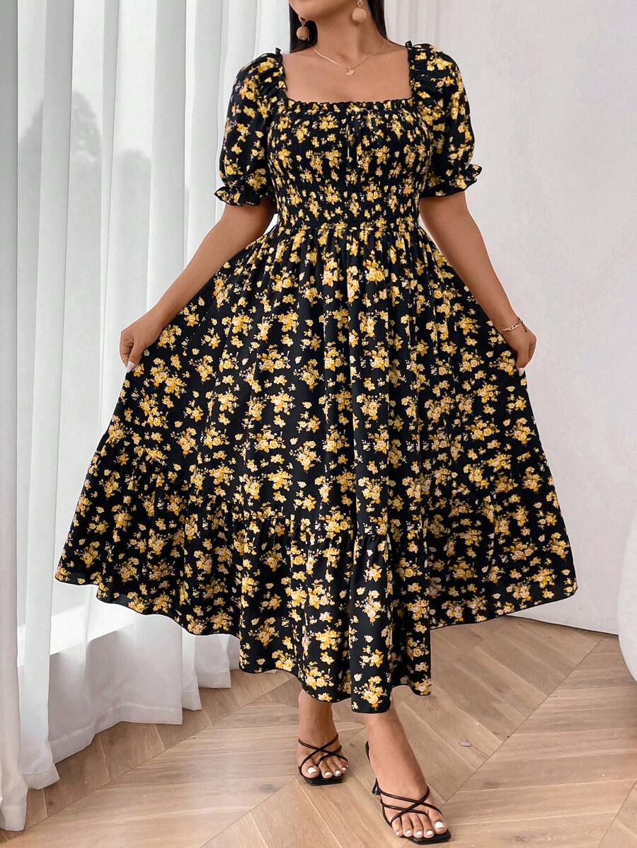 SHEIN SunnyBelle 大码方领短袖花卉印花休闲连衣裙 - 黃色 - 查看 1