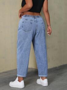 SHEIN CURVE+ Plus Size Women Denim Pants With Pleated Leg, Conical Leg Shape, Non-Stretch - Blue - View 2