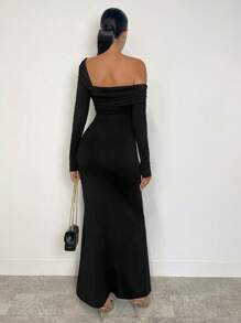 SHEIN BAE 女士优雅长袖不对称下摆连衣裙，纯色，秋冬