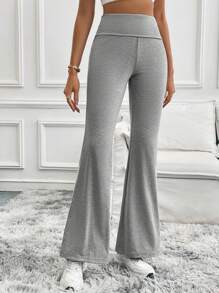 SHEIN Tall 女士纯色喇叭紧身裤 折叠紧身裤 弹力喇叭裤 瑜伽裤 Y2k 慢跑裤 - 灰色 - 查看 9