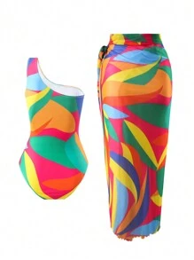 Swim Oasis Women's Printed Beachwear One Shoulder Monokini Swimsuit And Tie Front Swim Skirt Outfit,Summer Beach - Yellow - View 2