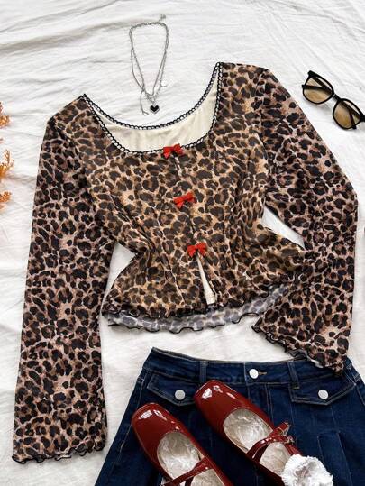 Soleia Plus Size Women's Early Autumn Vacation, Graduation Season, Back To School Clothes, Fall Clothes, Vacation Wear, Babydoll Top, Leopard Print, Floral Print, Bow Decoration, Fashionable Casual Knitted Slim Long-Sleeved T-Shirt