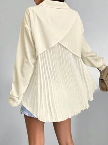 SHEIN LUNE Women's Solid Color Drop Shoulder Long Sleeve Back Pleated Casual Shirt, Spring/Summer Fall Cloth For Women - Apricot - View 4