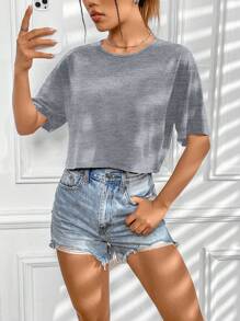 INAWLY Camiseta casual de verano para mujer, de unicolor, cuello redondo, manga corta - Gris - Ver 3