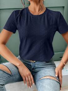 SHEIN Frenchy 素色網眼刺繡T恤 - 藏蓝色 - 查看 3