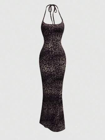 TRNVIE Vestido largo de mujer con cuello halter, estampado de leopardo y silueta entallada con cola de pez