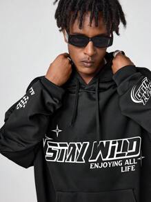 Manfinity VCAY Men's Loose Fit English Letter Print Hoodie Sweatshirt , Black, For Fall Winter - Black - View 3