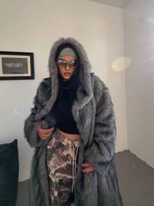 Flirla Plus Size Fluffy Hooded Long Sleeve Furry Coat, Winter Clothes Fall Cloth For Women Autumn - Dark Grey - View 5