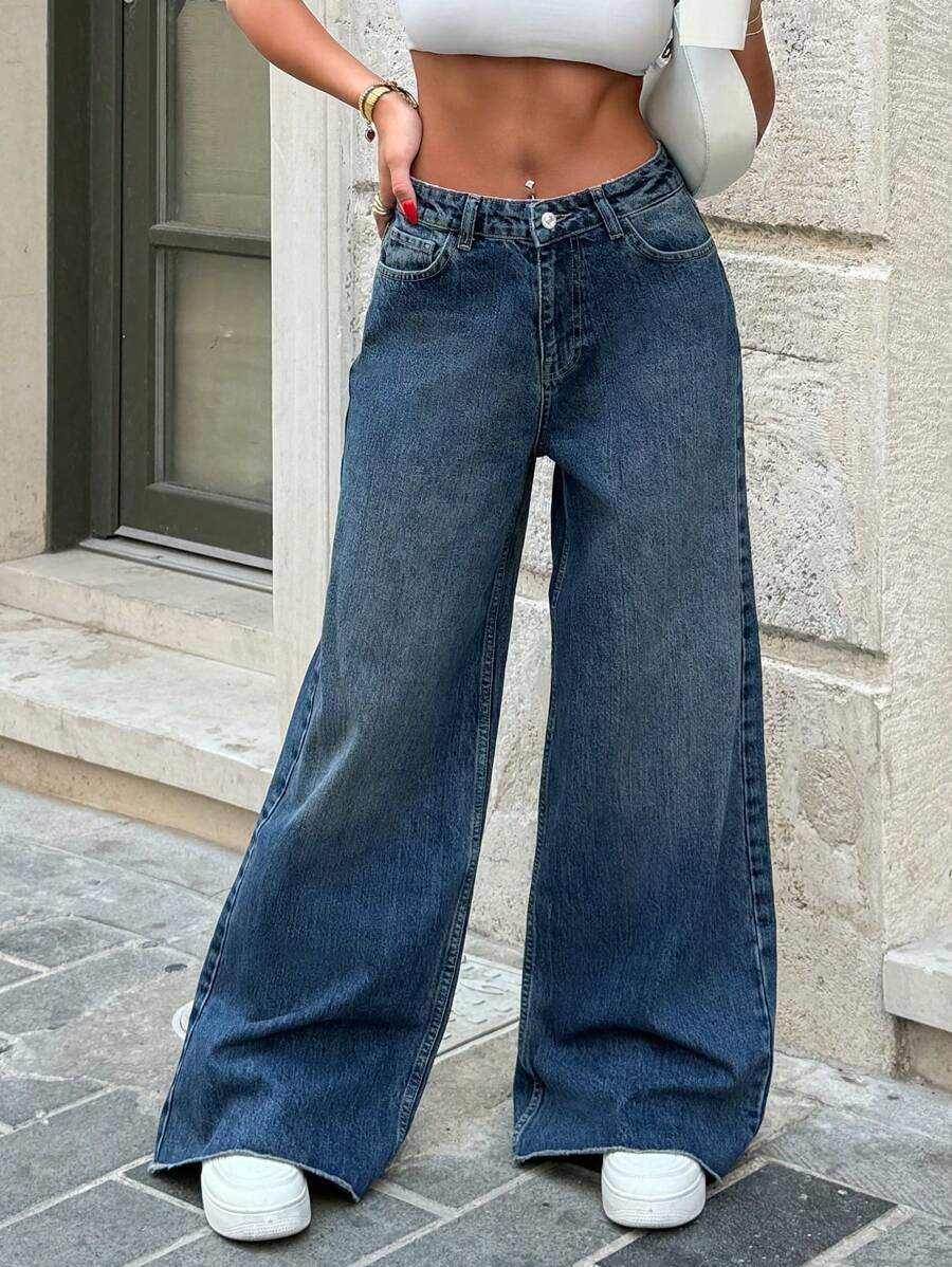 RueChic 100% 纯棉女式复古水洗做旧宽腿宽松牛仔裤，带口袋 - 淺色水洗藍 - 查看 1