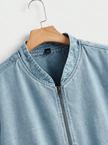 Manfinity Hypemode Plus Size Men's Light Blue Plain Washed Casual Baseball Denim Jacket, For Going Out