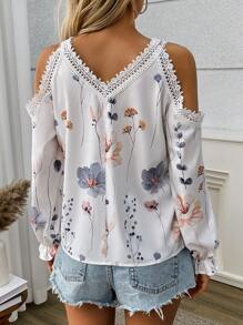 SHEIN LUNE 2024 Thiết Kế Mới Cổ Chữ V Hở Vai In Hoa Tay Dài Thanh Lịch Cho Nữ - trắng - Xem 2