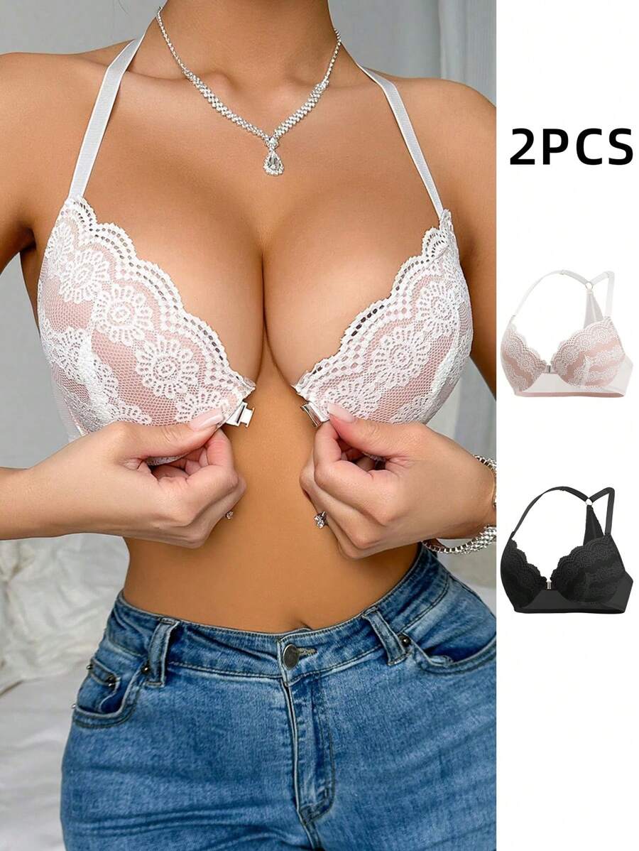2pcs Set: Lace Patchwork Front Hook Solid Color Women Bra With Steel Circle