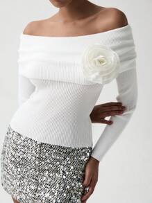 Lumivelle Women's Sexy Off-Shoulder 3D Floral Embellished Long Sleeve Knit Sweater