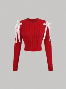 SHEIN MOD 圓領長袖露肩紅色毛衣，配上蝴蝶結 - 紅色 - 查看 1