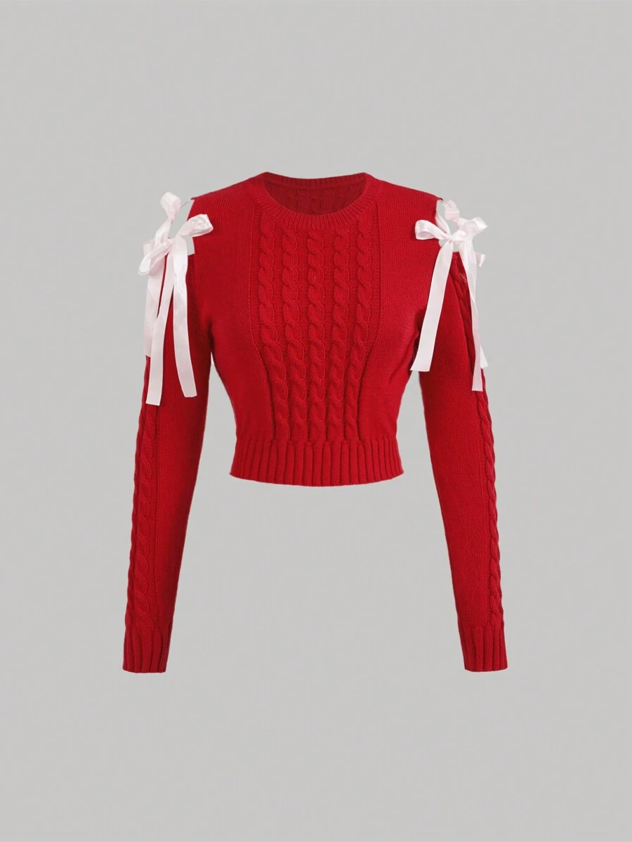 SHEIN MOD 圓領長袖露肩紅色毛衣，配上蝴蝶結 - 紅色 - 查看 1