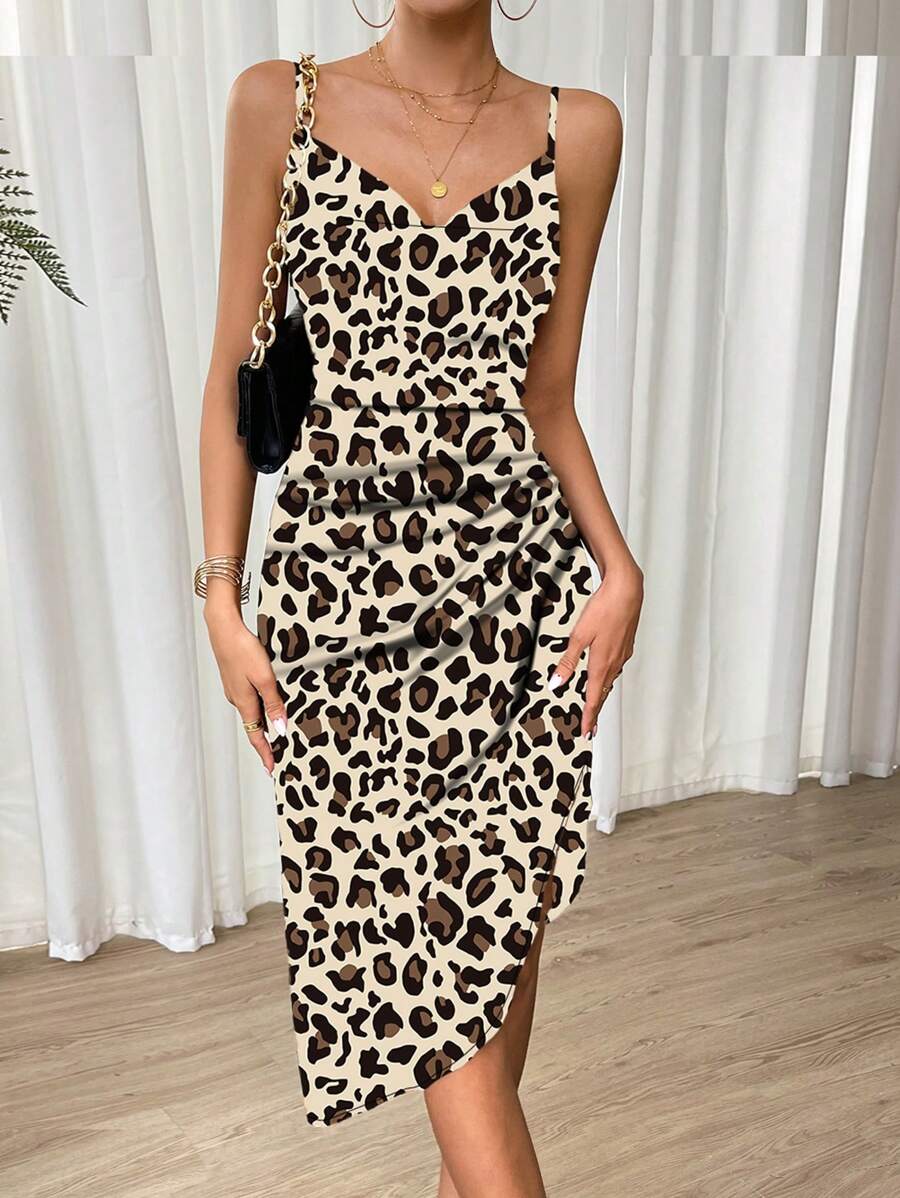 SHEIN Clasi Women's Spaghetti Strap Backless Allover Leopard Print Split Design Slip Dress - Khaki - View 1