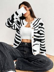 Flirla 女士斑马图案圆领长袖单排扣开衫，秋冬款