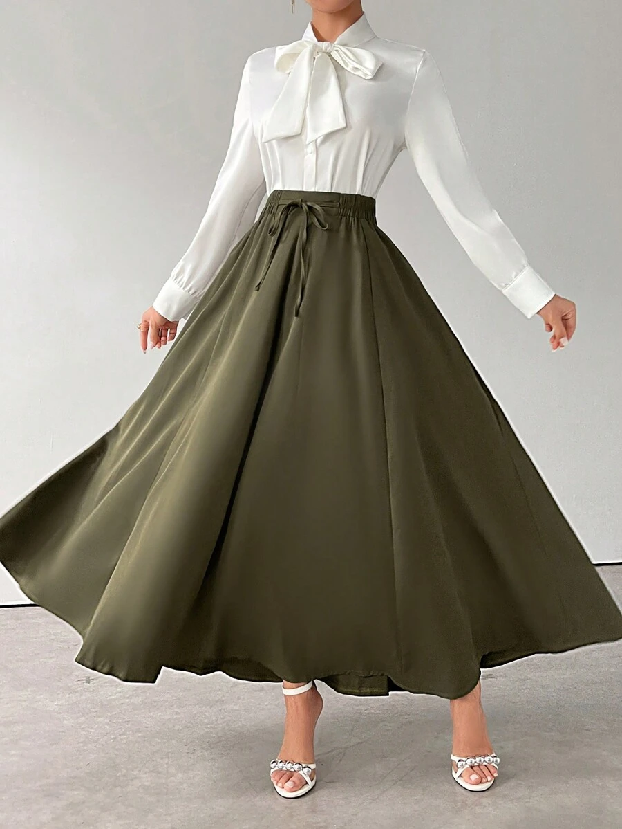 Modelyn 女士纯色系带半身裙，秋冬复古优雅风格，完美适用于商务/工作/鸡尾酒会/婚礼/日常/毕业典礼等场合。 - 軍綠色 - 查看 1