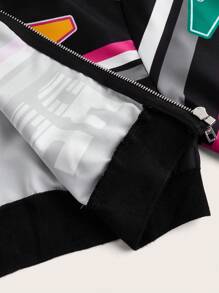 SHEIN ICON Chaqueta de béisbol casual con hombros caídos y estampado de letras, recortada, para mujer, para primavera y otoño - Negro - Ver 5