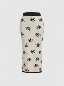 SHEIN MOD Apricot Color-Blocked Black Skirt Elegant Jacquard Knit Women's Skirt, Floral Pattern, Perfect For Early Autumn