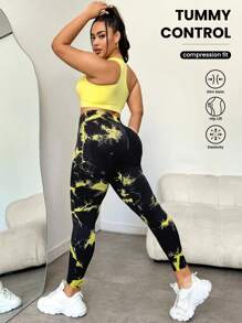 Easithlete Plus Size Solid Color Pleated Bra & Allover Print Pants Sports Suit Workout Women Set - Multicolor - View 1