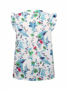 SHEIN LUNE Plus Size V-Neck Ruffle Sleeve Allover Print Drawstring Design Blouse - Blue - View 2