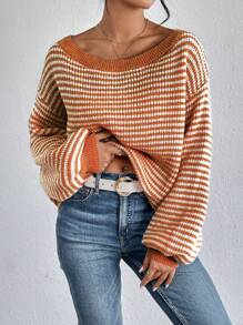 SHEIN LUNE Women's Fall Contrast Striped Print Off-Shoulder Long Sleeve Sweater,Long Sleeve Tops,Casual - Multicolor - View 4