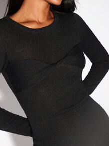 SHEIN X  Ignacia Antonia Glamine Black Long Sleeve Mid-Length Twist Detail Round Neck Fitted Bodycon Halloween Sweater Dress For Women - Black - View 6
