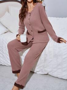 两件套女士撞色滚边纽扣上衣和罗纹绒裤家居服套装，舒适优雅，秋冬服装 - 彩色 - 查看 5