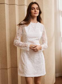 Anewsta Vestido mini blanco de encaje con cuello redondo y silueta evasé - Blanco - Ver 4