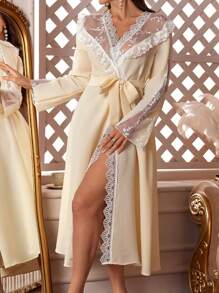 Embroidered Lace Patchwork Women's Long-Sleeved Nightgown - Apricot - View 1