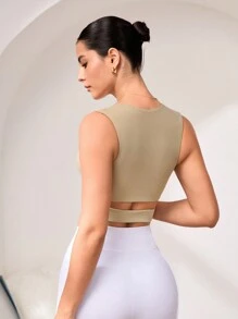 SHEIN Sports 女士纯色简约日常镂空运动文胸 - 杏色 - 查看 7