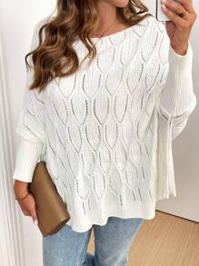 SHEIN LUNE Suéter holgado de cuello ancho en blanco con textura, informal para mujer de talla grande, atuendos de vacaciones, blusas de estilo campestre - Blanco - Ver 6