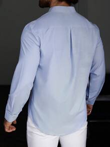 Manfinity Homme Men Stripe Print Button Front Casual Long Sleeve Shirt For Boyfriend Gift, For Fall Ceremony - Blue - View 2