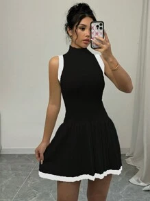 Selianne Robe pull plissée sans manches à blocs de couleur pour femme - Noir - Voir 3