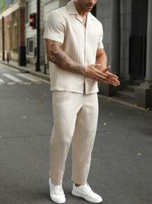 Manfinity Homme 2pcs/Set Plus Size Men Solid Color Shirt Khaki + Khaki Pants - Khaki - View 6