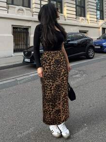 Leopard Print Slit Skirt