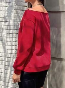 INAWLY Plus Size Letter Print Off Shoulder Long Sleeve Sweatshirt , Graduation, Teachers For Women, Back To School Pullover Fall - Red - View 2