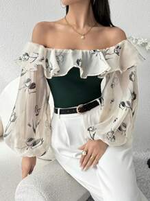 Modelyn Floral Print Off Shoulder Ruffle Trim Lantern Sleeve Top - Multicolor - View 1
