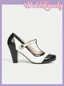 Dola Lovely Giày cao gót nữ đen trắng Mary Jane phong cách cổ điển Lolita họa tiết ren thu - Đen và trắng - Xem 8