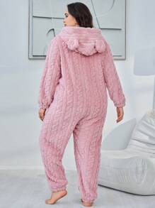 Macacão de Dormir Acolchoado com Capuz em Jacquard Plus Size, para Outono e Inverno, Fofo e Confortável