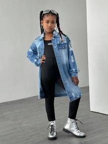 SHEIN Explorewe Tween Girls Y2K Streetwear Casual College Frayed Distressed Long Denim Jacket, Versatile Chic Fashion Item For Spring, Fall And Winter - Medium Wash - View 5
