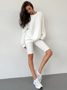 Aloruh 2 Cái/bộ Áo Chui Đầu Rộng + Quần Xe Đạp Trang Phục Thể Thao Thông Thường Cho Nữ - trắng - Xem 1